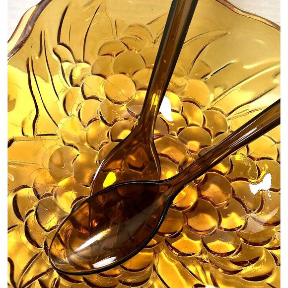 INDIANA GLASS  Amber Grape Bunch Shape 1970 s Salad Serving Bowl Fork Spoon - Picture 5 of 7